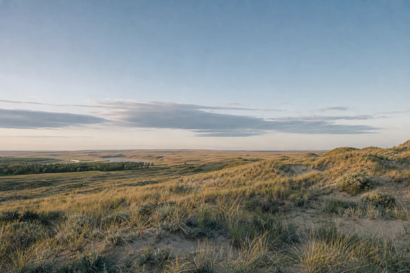 Wide prairie horizon over grassy sand dunes with a distant river valley under a large evening sky